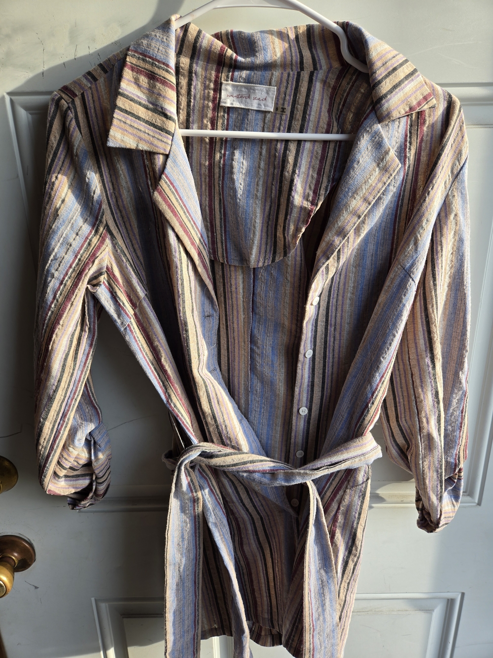 Mustard Seed Striped Button-Front Belted Tunic in Blue, Tan, Cream & Burgundy